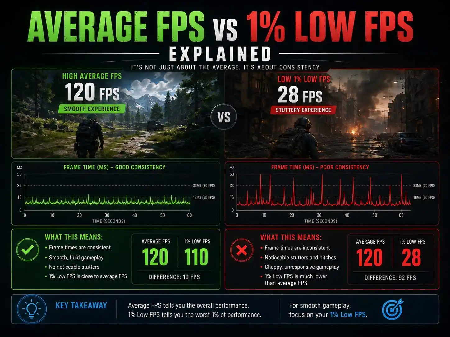 Average FPS vs 1% Low FPS infographic: smooth 120 FPS vs stuttery gameplay, with frame time consistency graphs and key takeaways