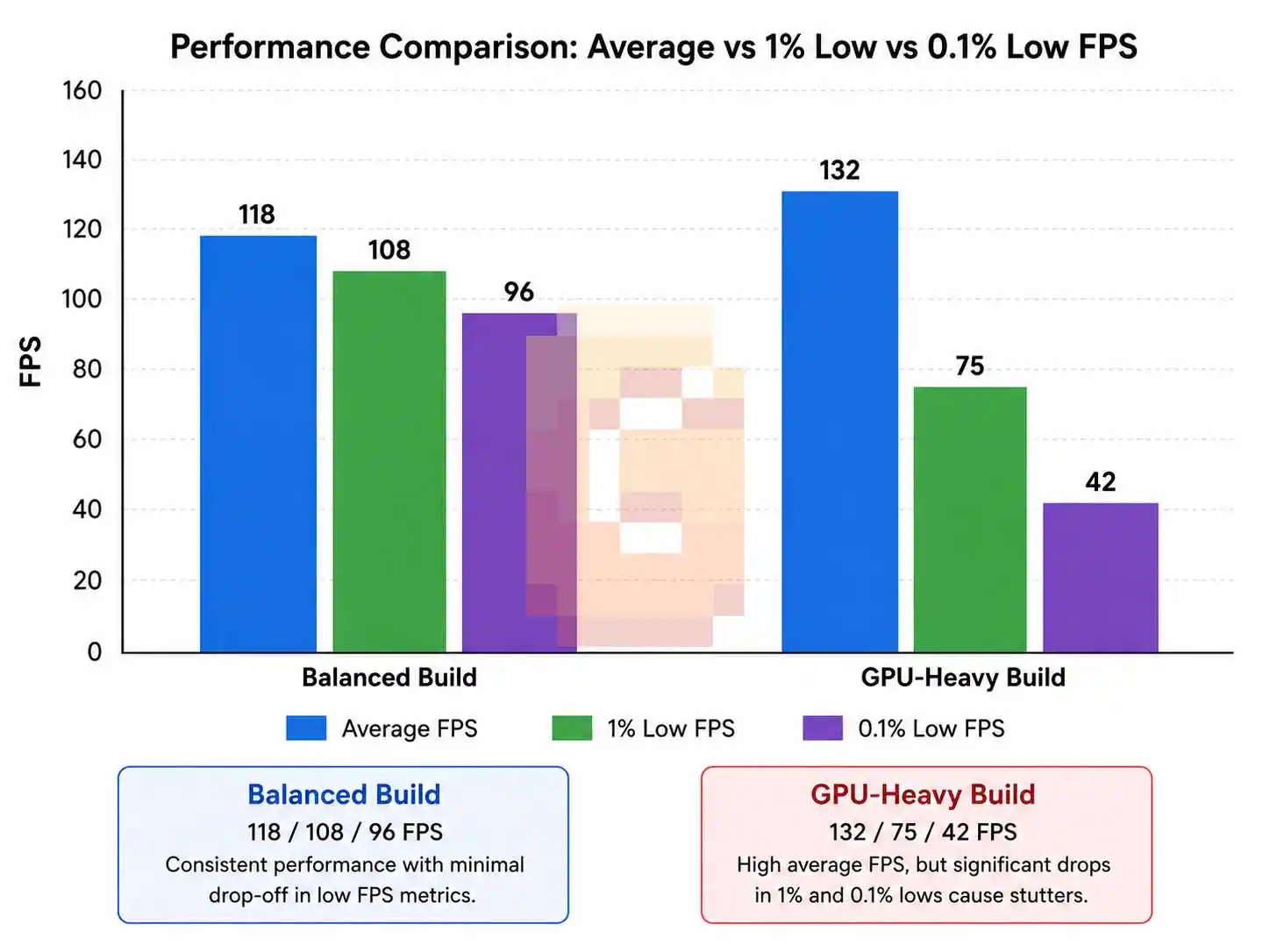Bar chart comparing average FPS, 1% low, and 0.1% low FPS for a balanced PC build versus a GPU-heavy build