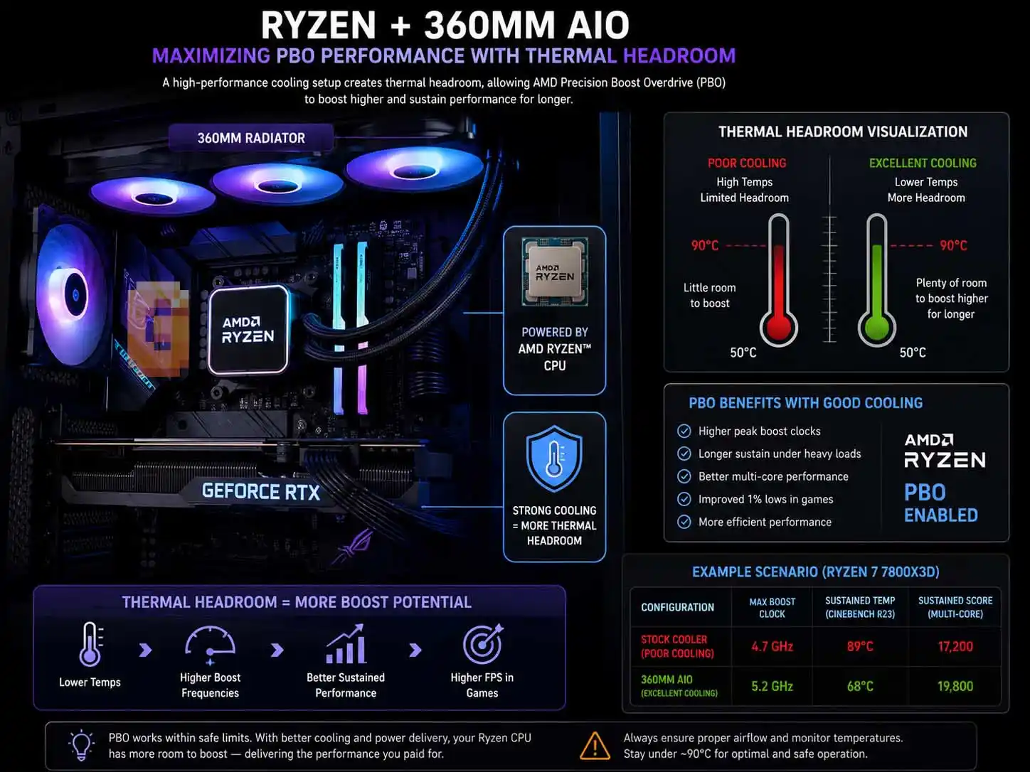 A gaming PC featuring a Ryzen CPU and 360mm liquid cooler with thermal headroom visualization