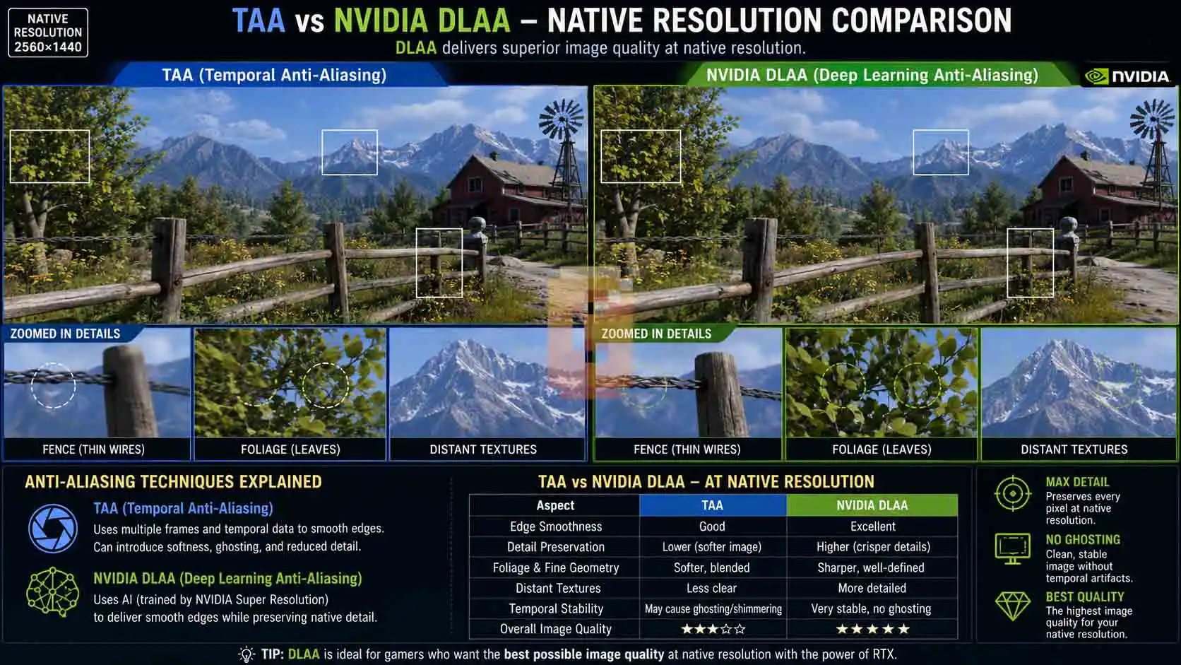 Anti-aliasing techniques explained with NVIDIA DLAA versus TAA at native resolution.
