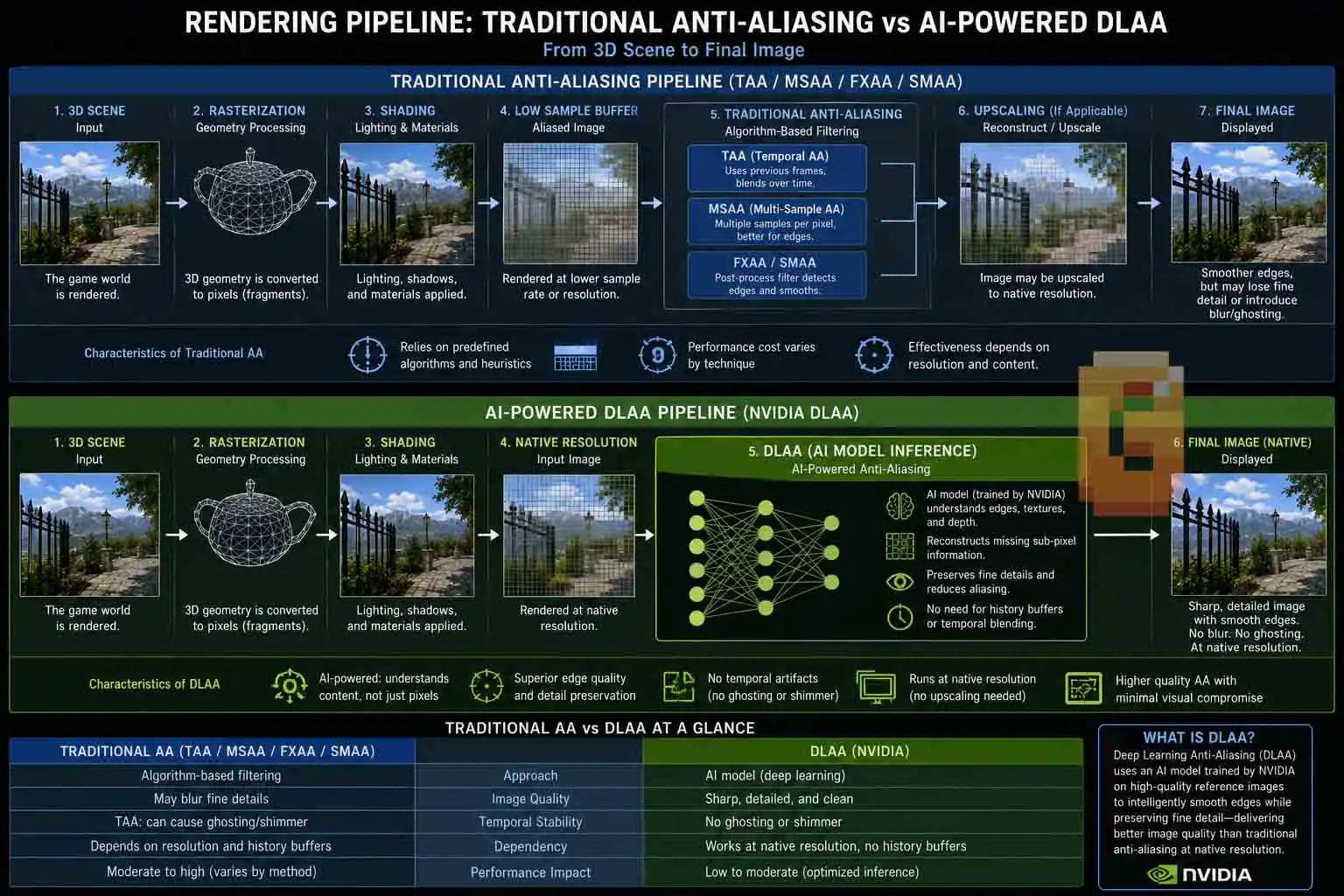 Traditional vs AI anti-aliasing techniques explained with DLAA workflow.