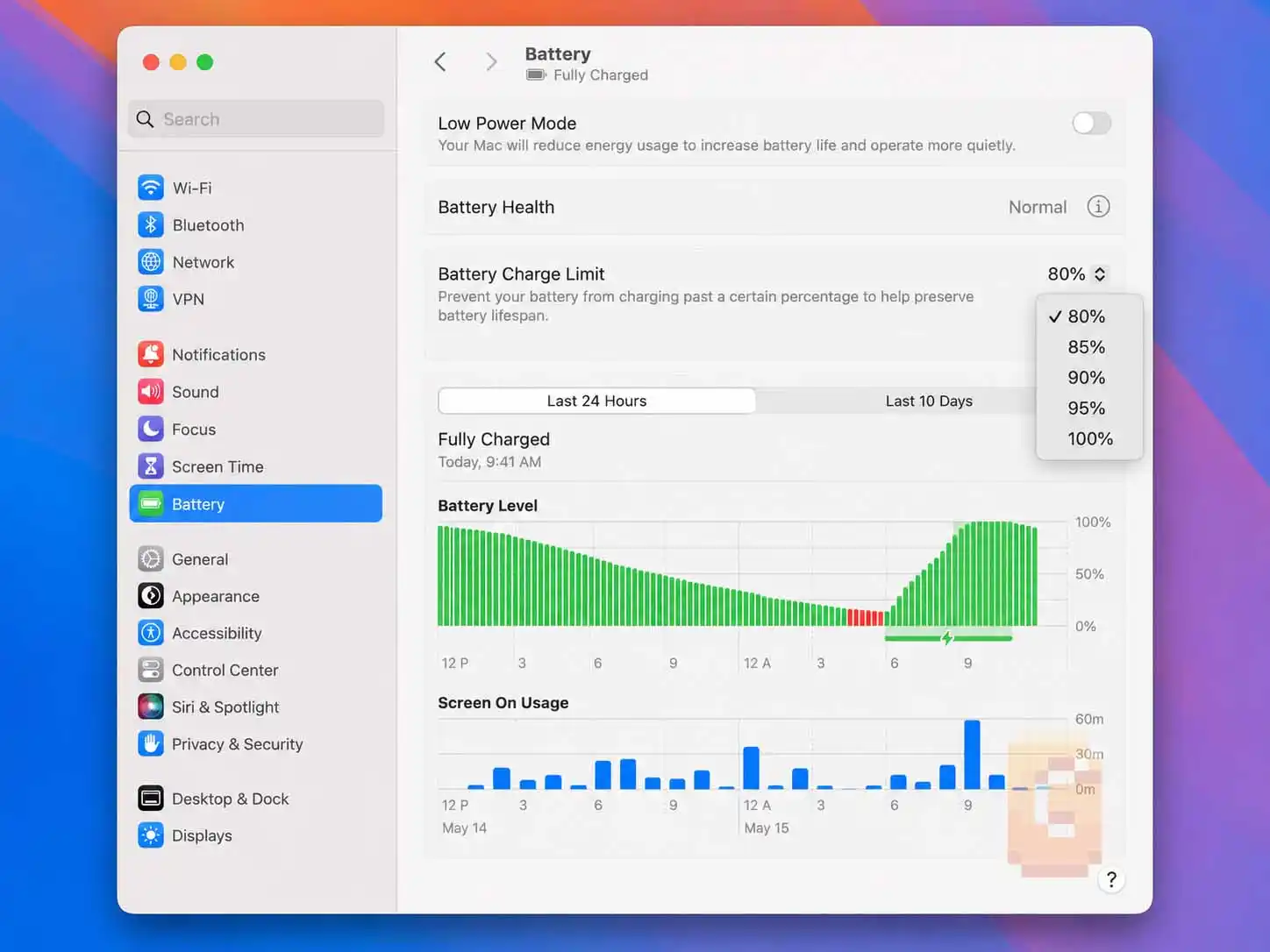 Screenshot showing best MacBook battery charge limit options 80% to 100% in macOS Battery settings