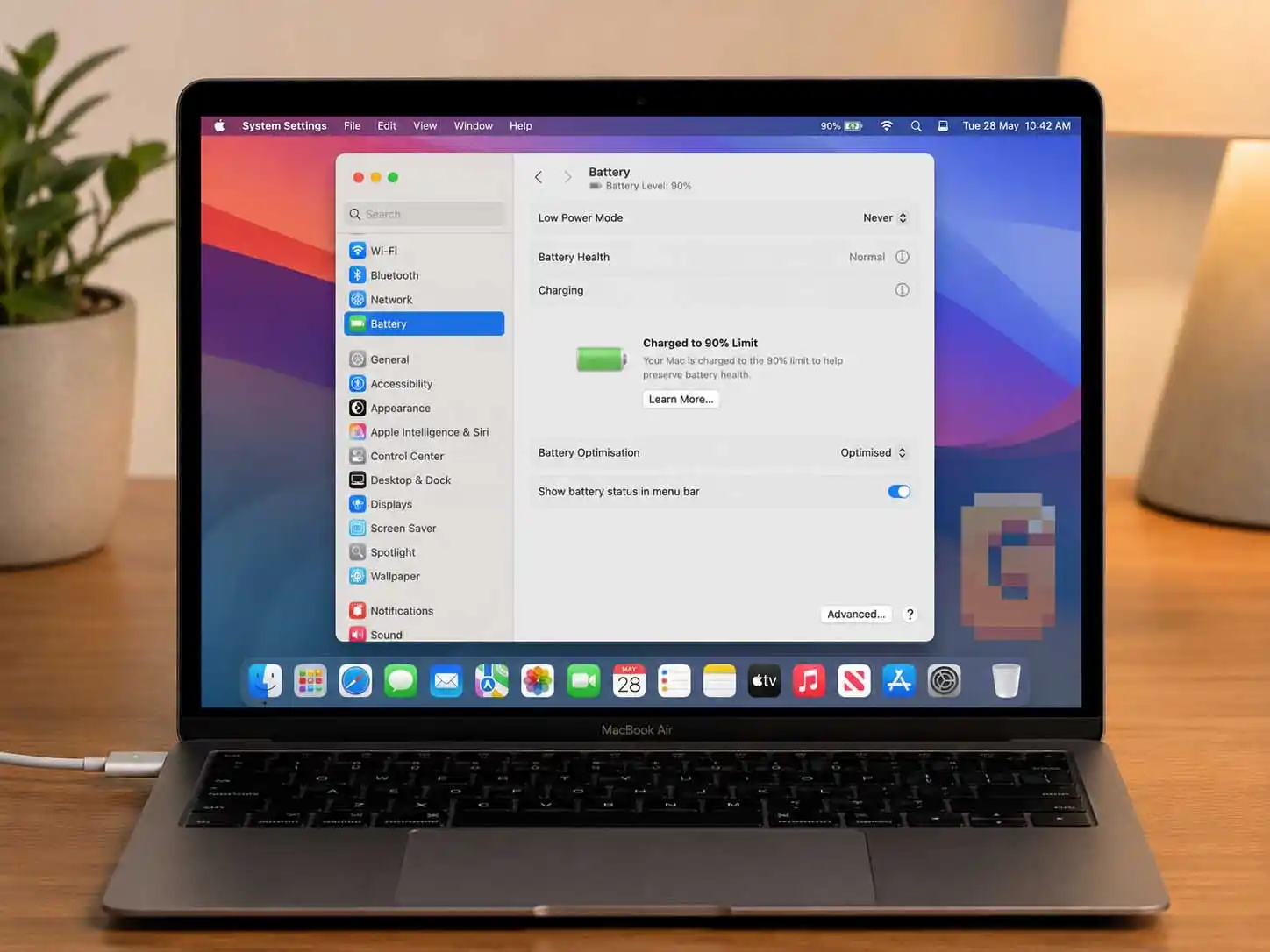 MacBook plugged in displaying Charged to 90% Limit status for best MacBook battery charge limit
