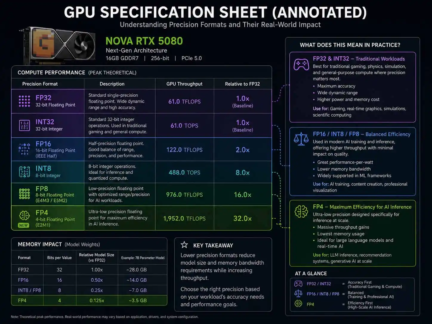 Annotated GPU specification sheet mockup with FP32 and INT32 rows highlighted for traditional gaming and compute workloads and FP4 row highlighted for AI inference, explaining what each precision format means in practice
