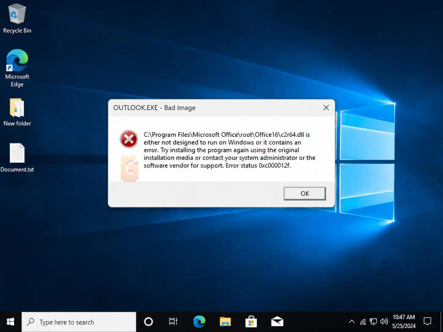 Outlook.exe Bad Image error screenshot on Windows desktop showing c2r64.dll error status 0xc000012f in Microsoft Office
