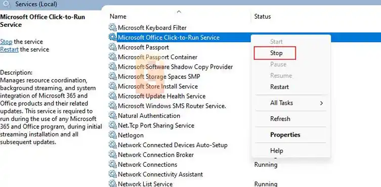 Stopping the Microsoft Office Click-to-Run Service in Windows Services to fix the c2r64.dll error