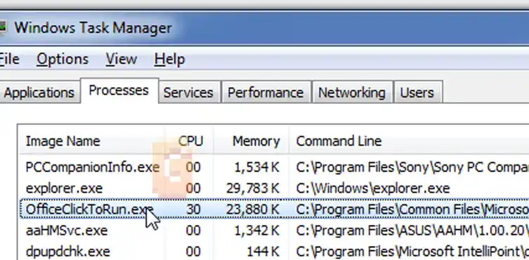 Windows Task Manager showing OfficeClickToRun.exe process to end as a fix for the c2r64.dll error in Office