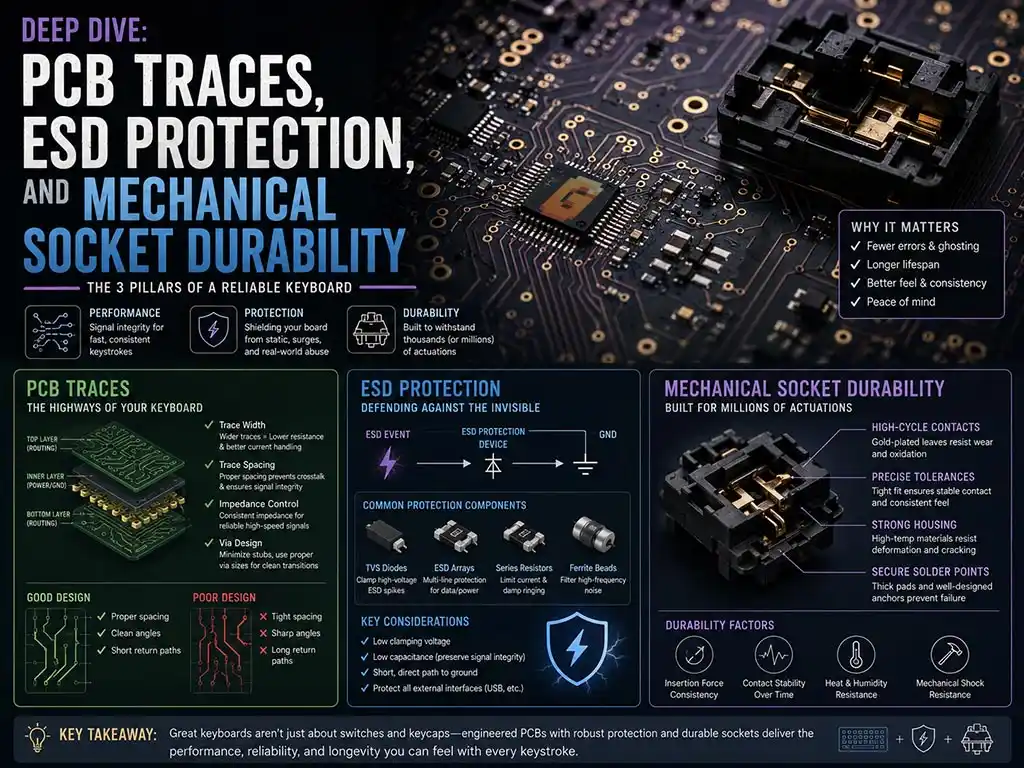 Mechanical keyboard PCB infographic covering trace design, ESD protection components, and hot-swap socket durability for reliable keystroke performance