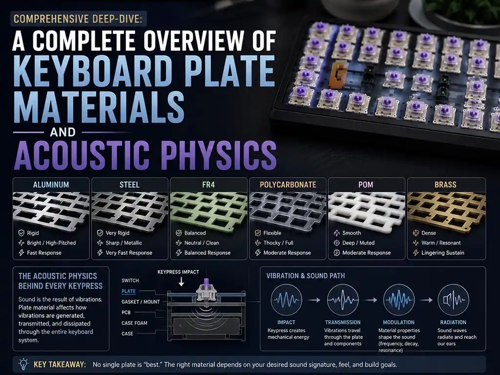 Keyboard plate materials comparison infographic showing acoustic properties of aluminum, steel, FR4, polycarbonate, POM, and brass with sound path diagram