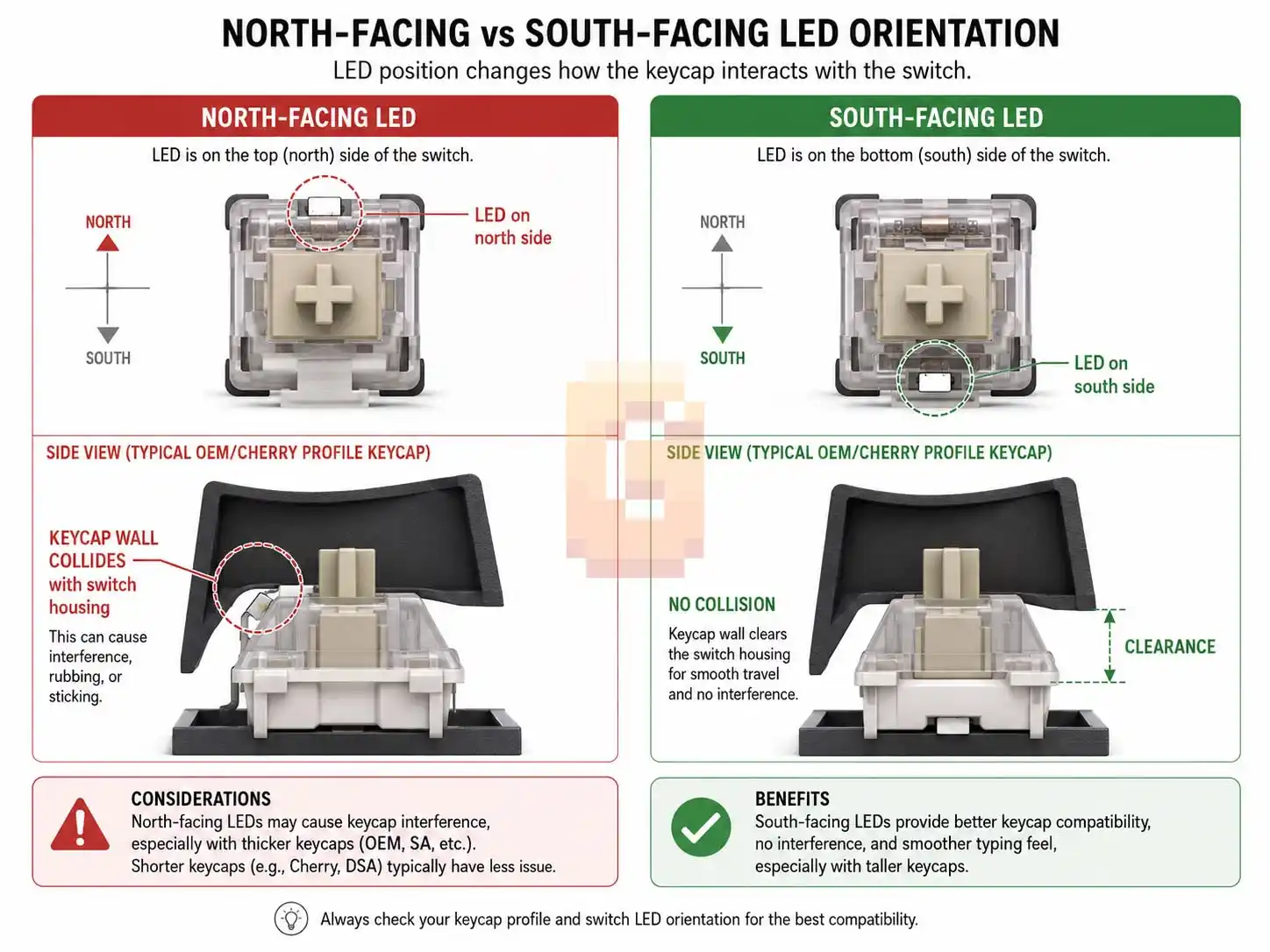 North-facing vs south-facing LED orientation infographic showing keycap wall collision risk and clearance differences for mechanical keyboard switches