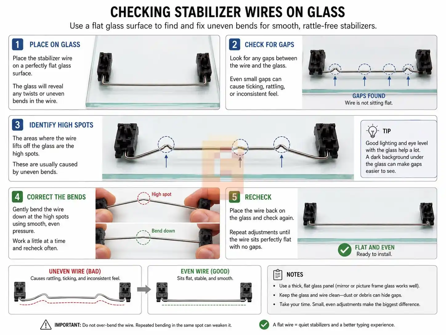 Keyboard modding guide checking stabilizer wire straightness.