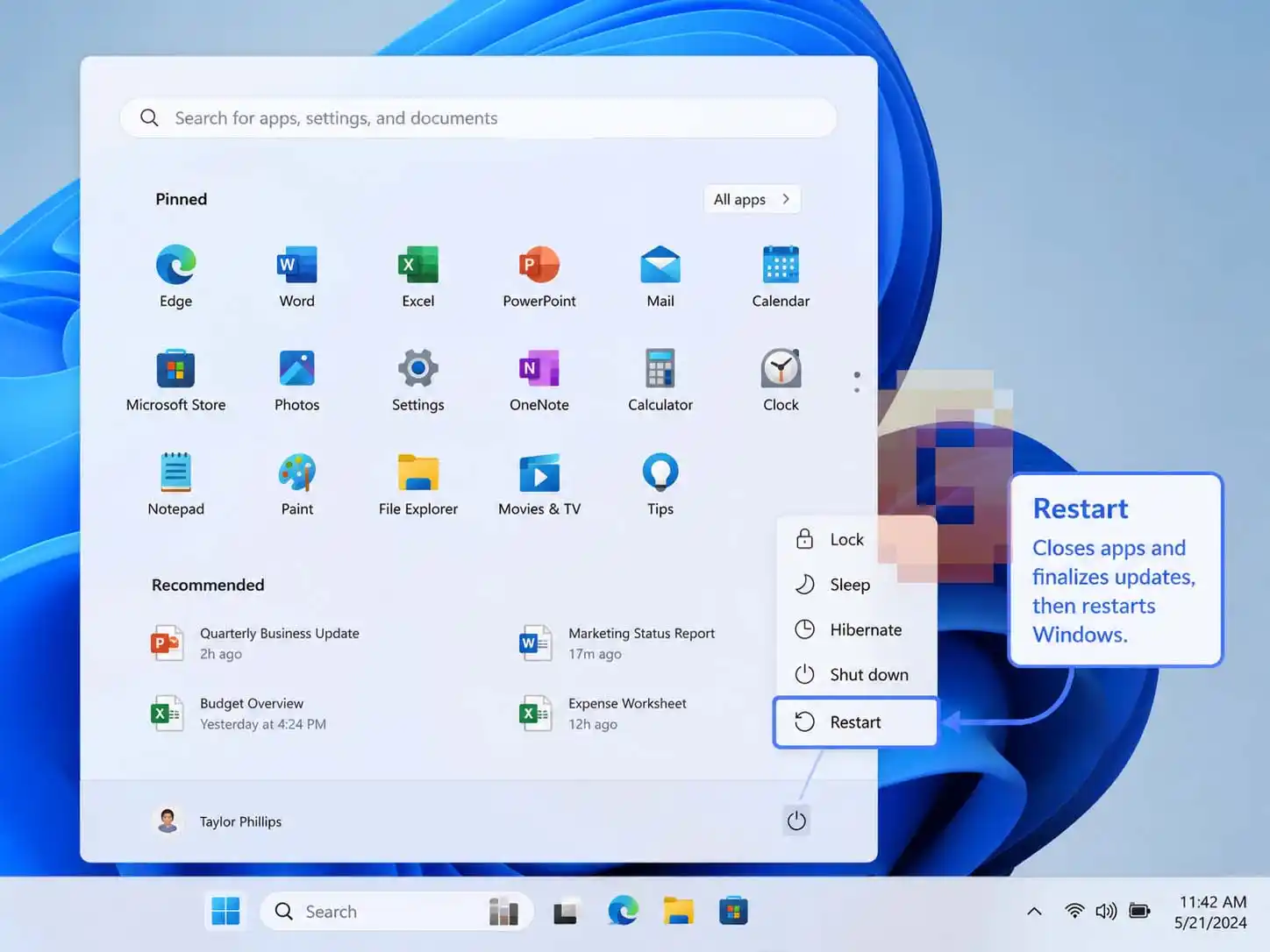 Choosing restart vs shutdown Windows 11 options in the Start menu to apply updates