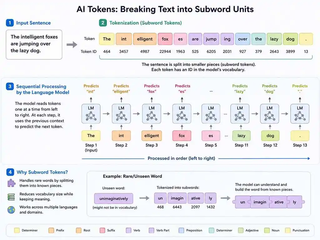 Infographic explaining AI tokens: how language models break text into subword units, assign token IDs, and process them sequentially for NLP tasks