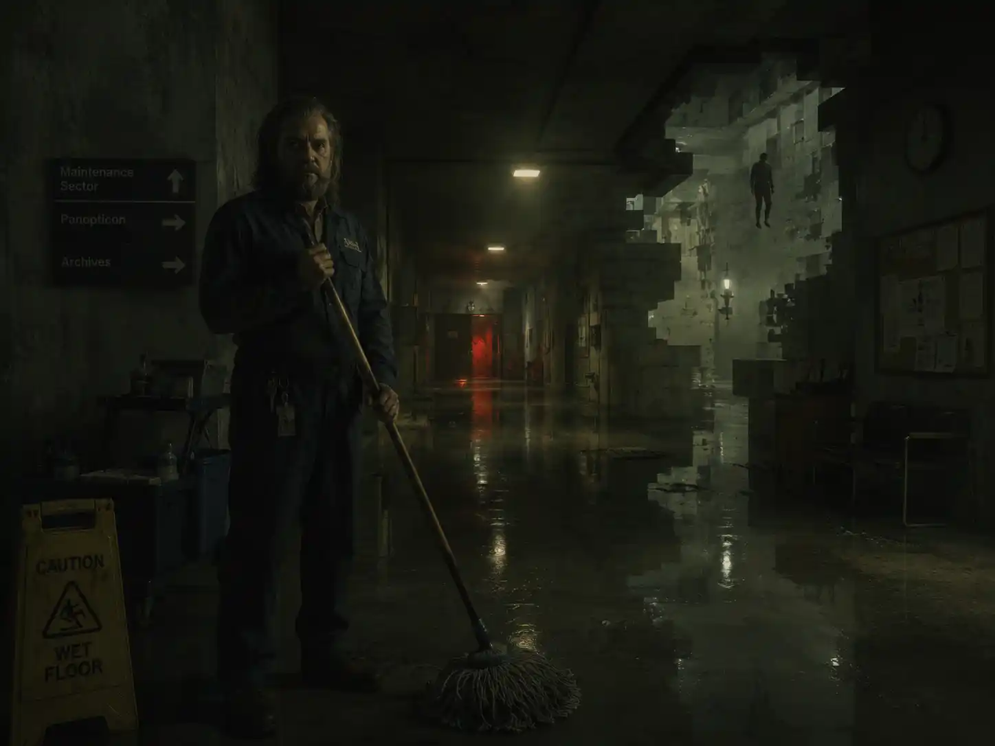 Ahti the Janitor mopping a flooded FBC corridor in Control, with Maintenance Sector and Panopticon signs and a Hiss-corrupted zone in the background