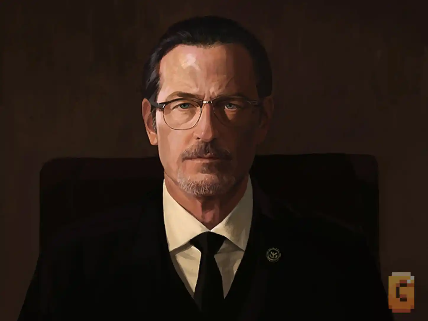 Trench from Control: formal portrait painting of the bearded, bespectacled FBC official in a dark suit who released the Hiss