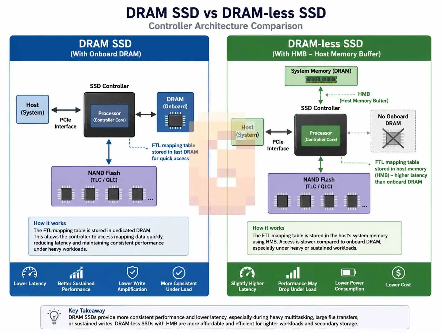 DRAM SSD vs DRAM-less SSD controller architecture diagram: FTL mapping stored in onboard DRAM versus Host Memory Buffer and their latency tradeoffs