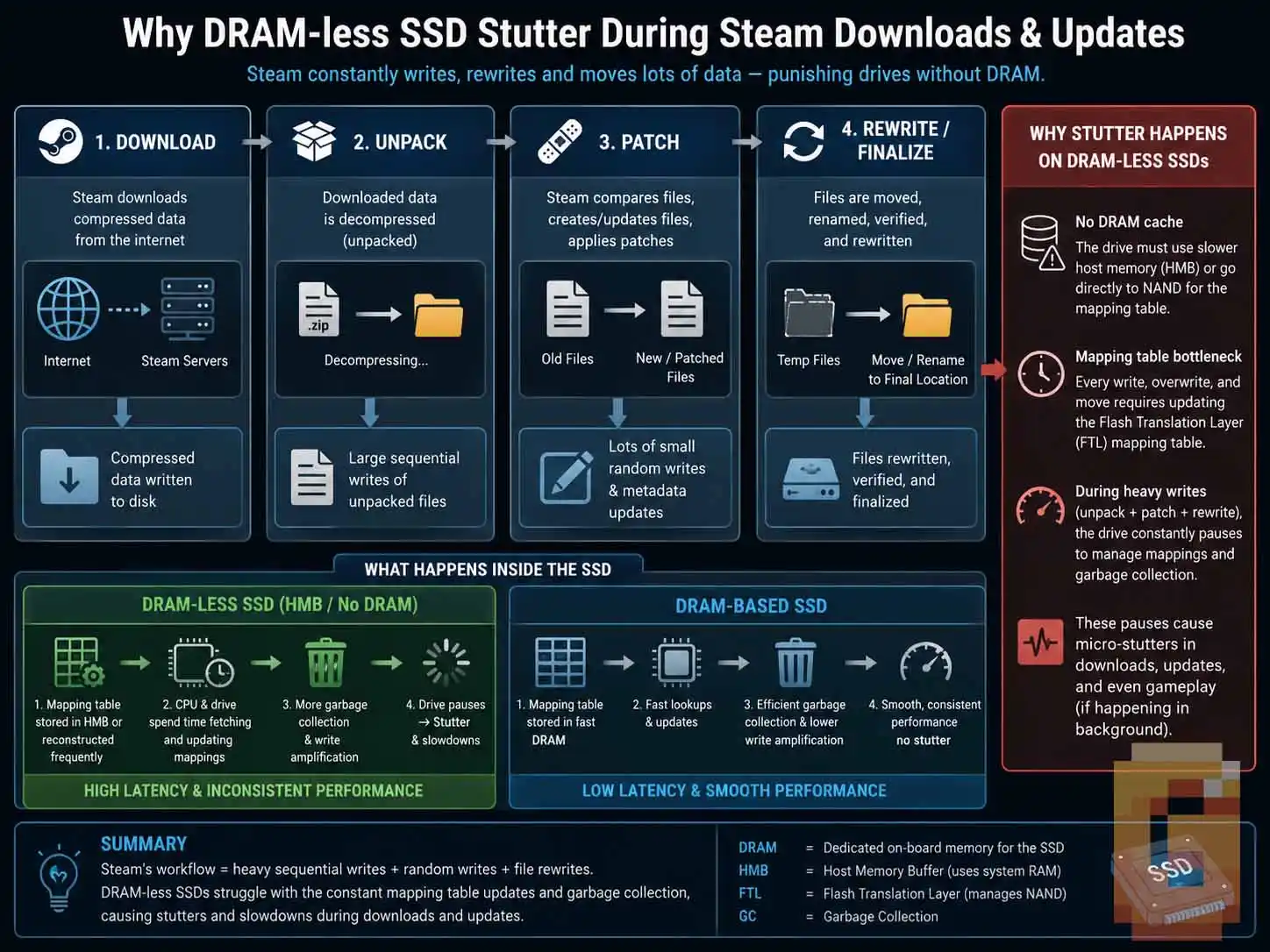 Why DRAM-less SSD stutter during Steam downloads and updates
