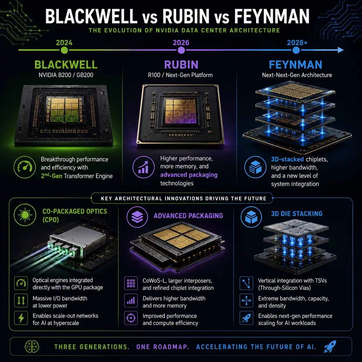 NVIDIA Blackwell vs Rubin vs Feynman architecture roadmap infographic showing GPU evolution from 2024 to 2028