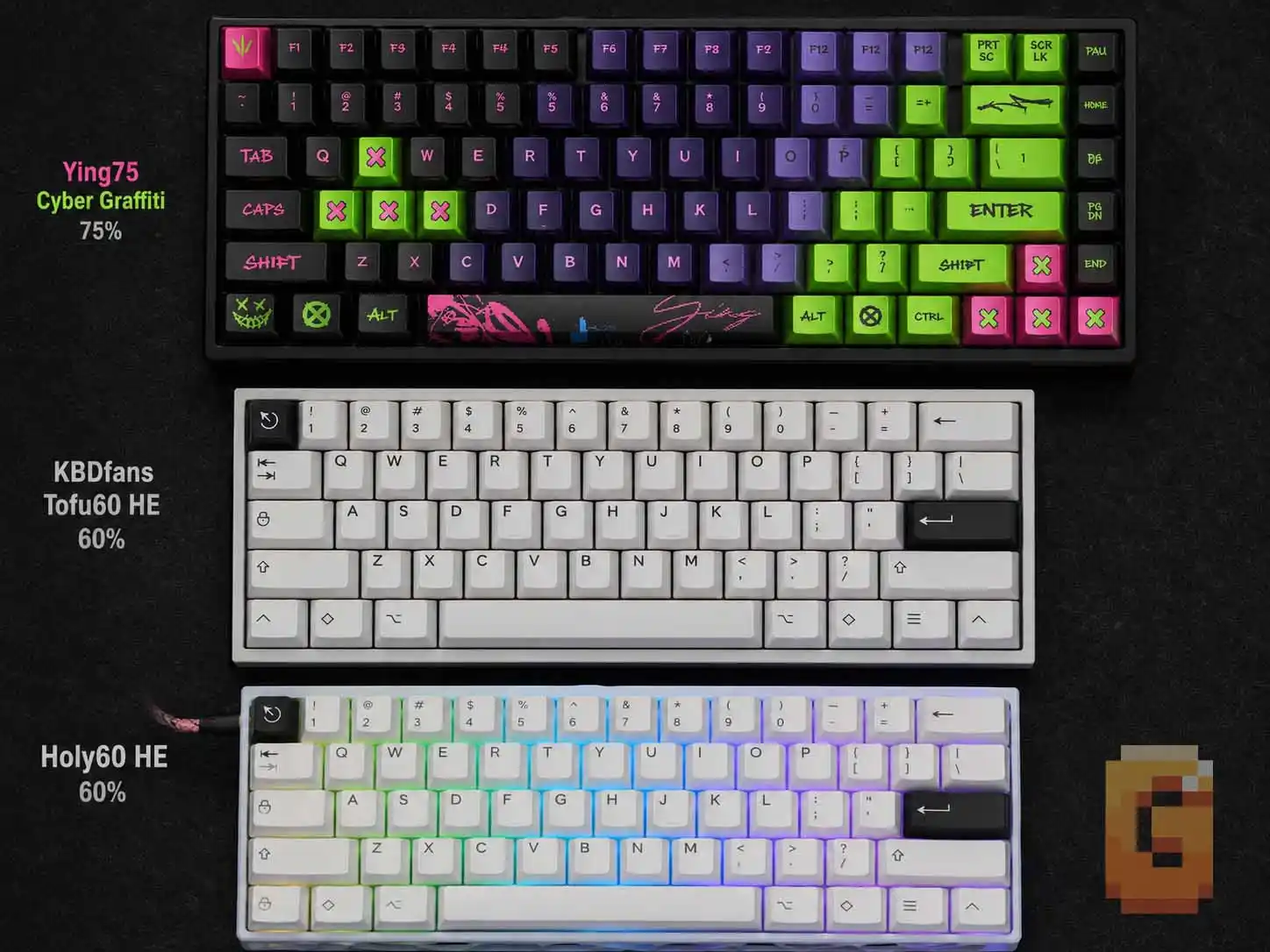 Ying75 Cyber Graffiti, KBDfans Tofu60 HE, and Holy60 HE placed side by side showing the size difference between the 75% and 60% keyboard layouts