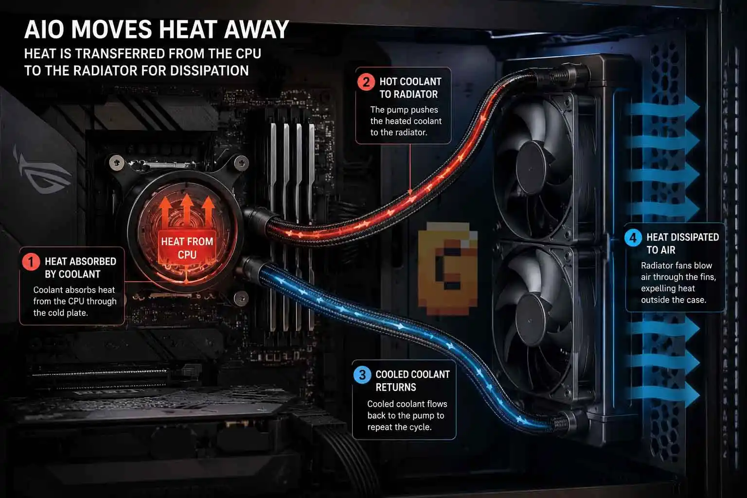 AIO cooler heat transfer cycle diagram: CPU cold plate absorbs heat, pump pushes hot coolant to radiator, fans expel heat, cooled coolant returns