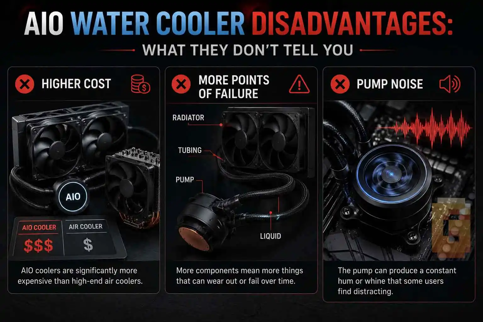 AIO water cooler disadvantages infographic showing cost, failure points, and noise