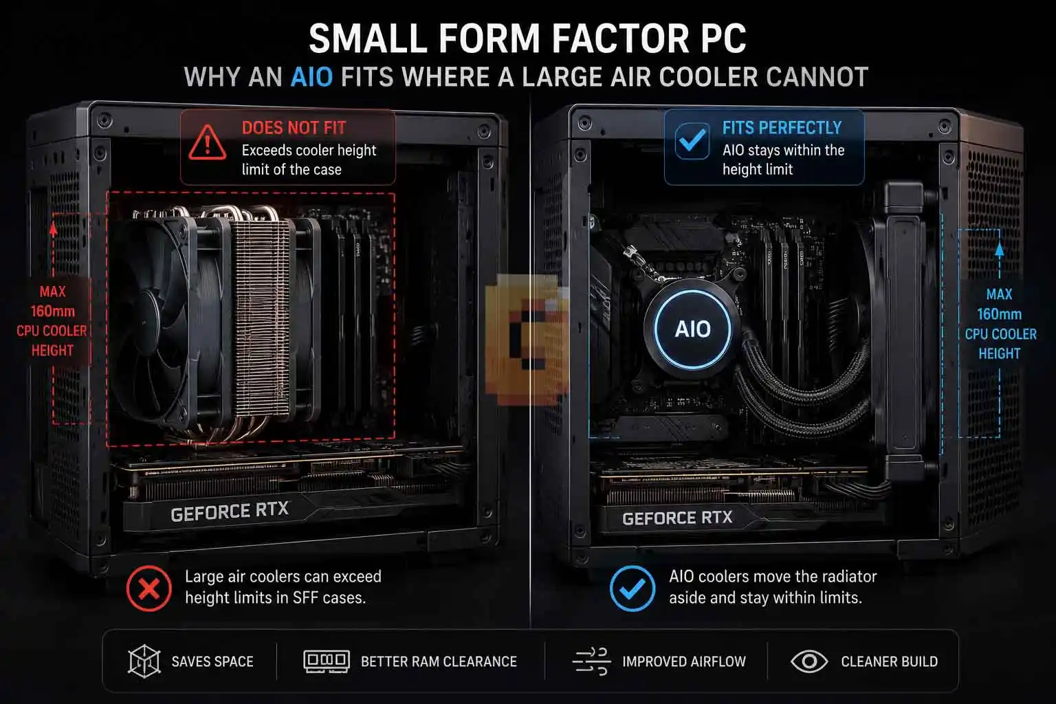 AIO vs large air cooler clearance comparison in small form factor case