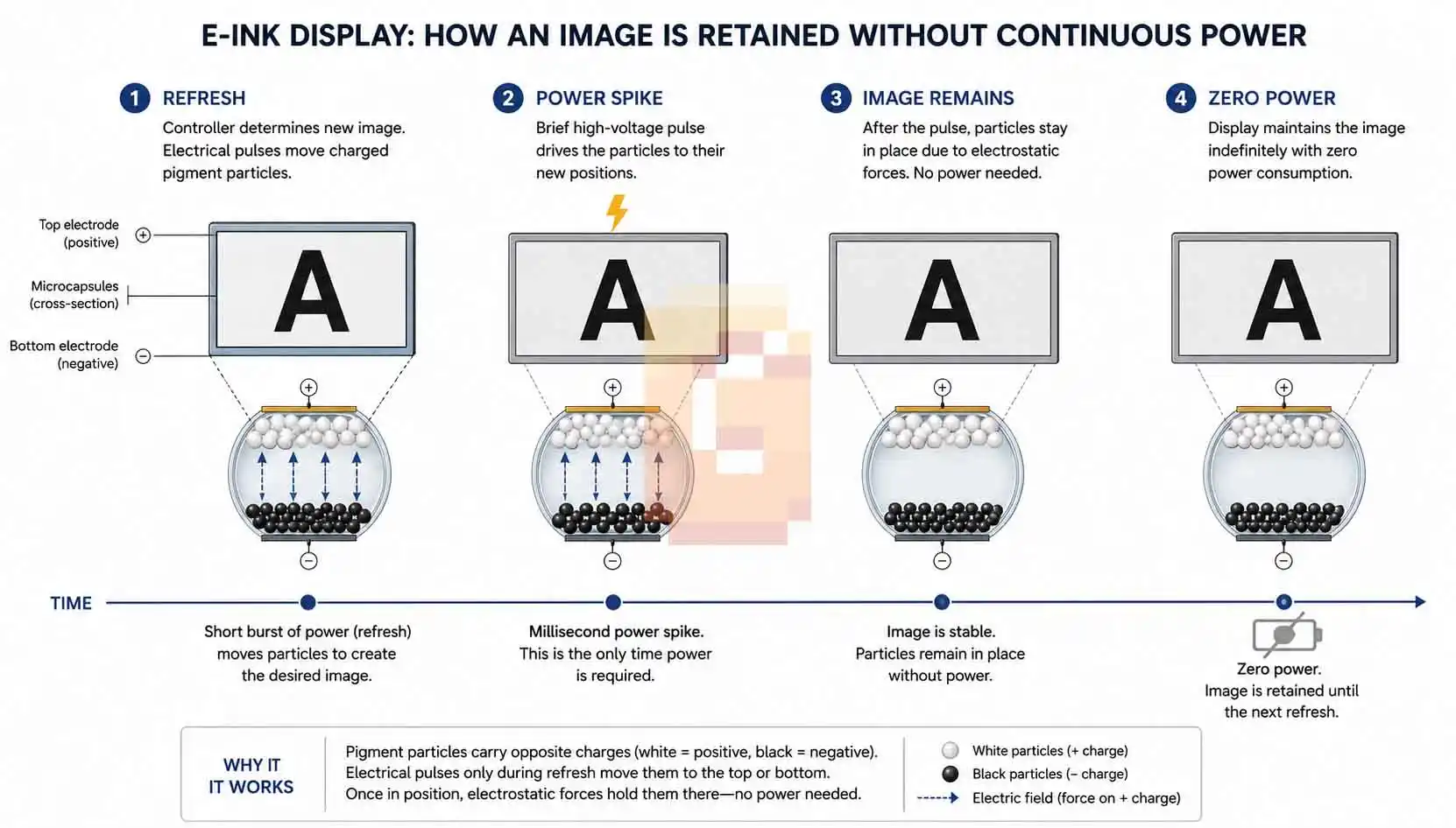 Diagram illustrating how an e-ink display retains an image without continuous power