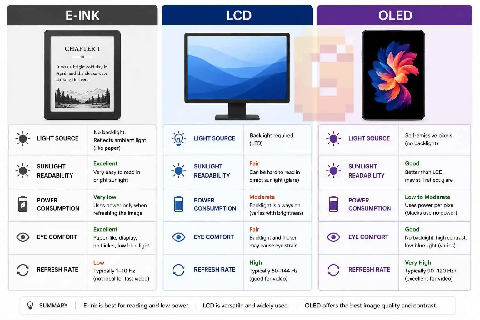 Comparison of e-ink, LCD, and OLED display technologies