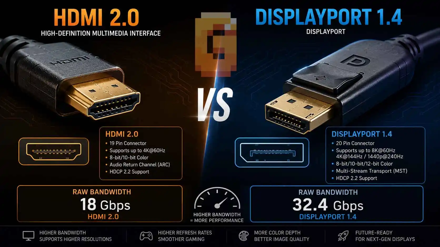 HDMI 2.0 vs DisplayPort 1.4 connector comparison showing bandwidth differences