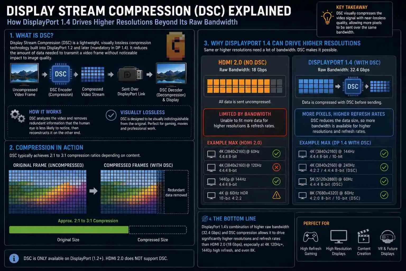 Display Stream Compression (DSC) explained for HDMI 2.0 vs DisplayPort 1.4