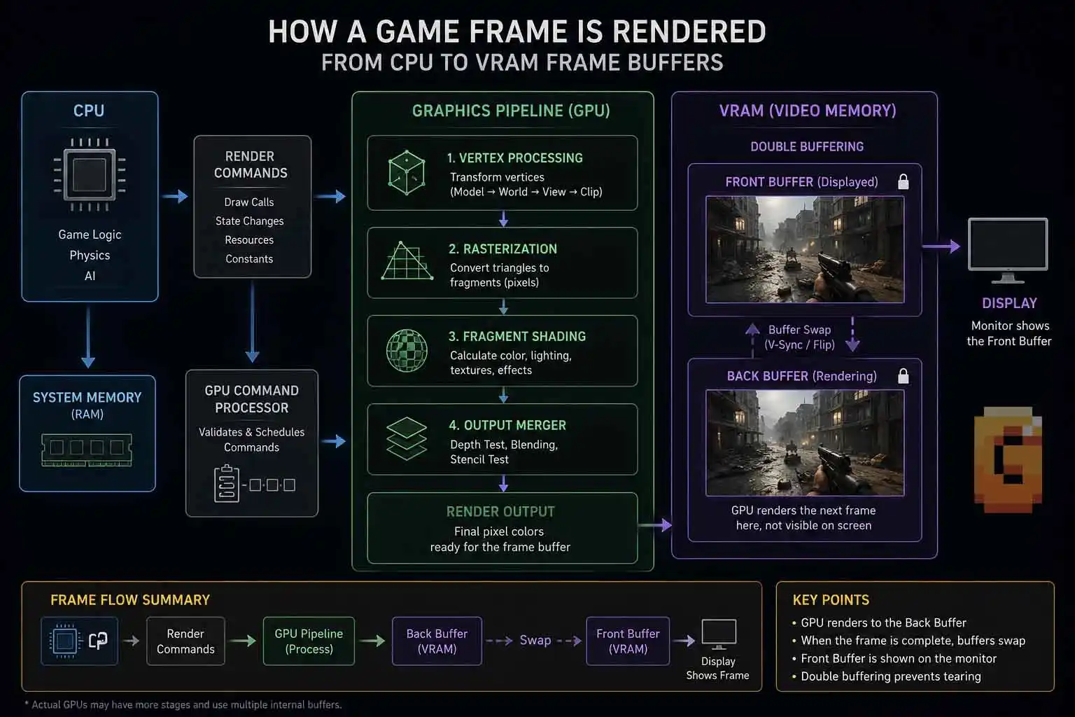 How video game frames are rendered inside the graphics card's physical frame buffer