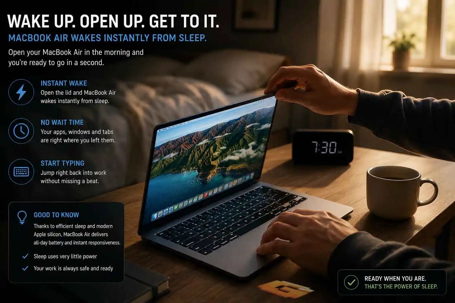 opening MacBook Air in the morning waking up instantly from sleep