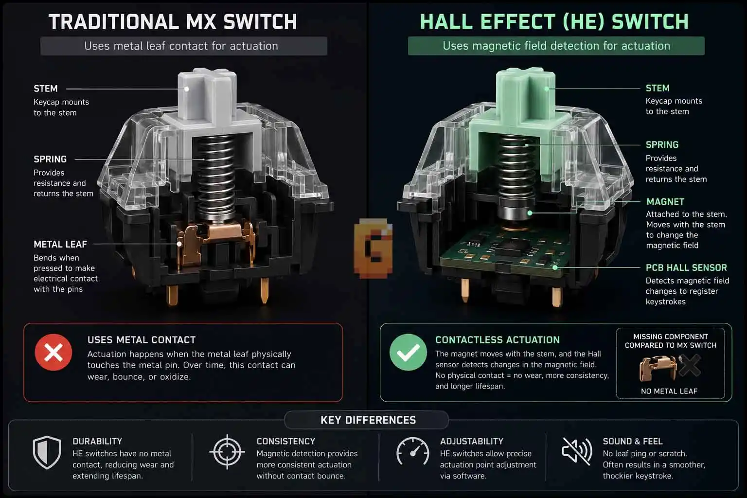 Infographic comparing traditional MX switch parts to Hall Effect switch parts