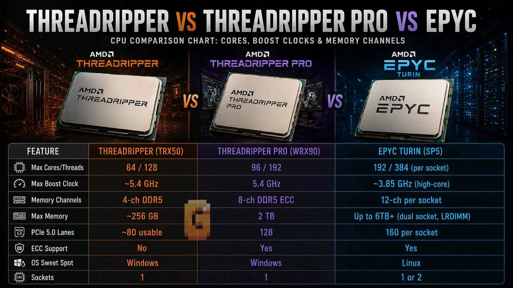 Threadripper vs Threadripper PRO vs EPYC CPU comparison chart showing core counts, boost clocks and memory channels
