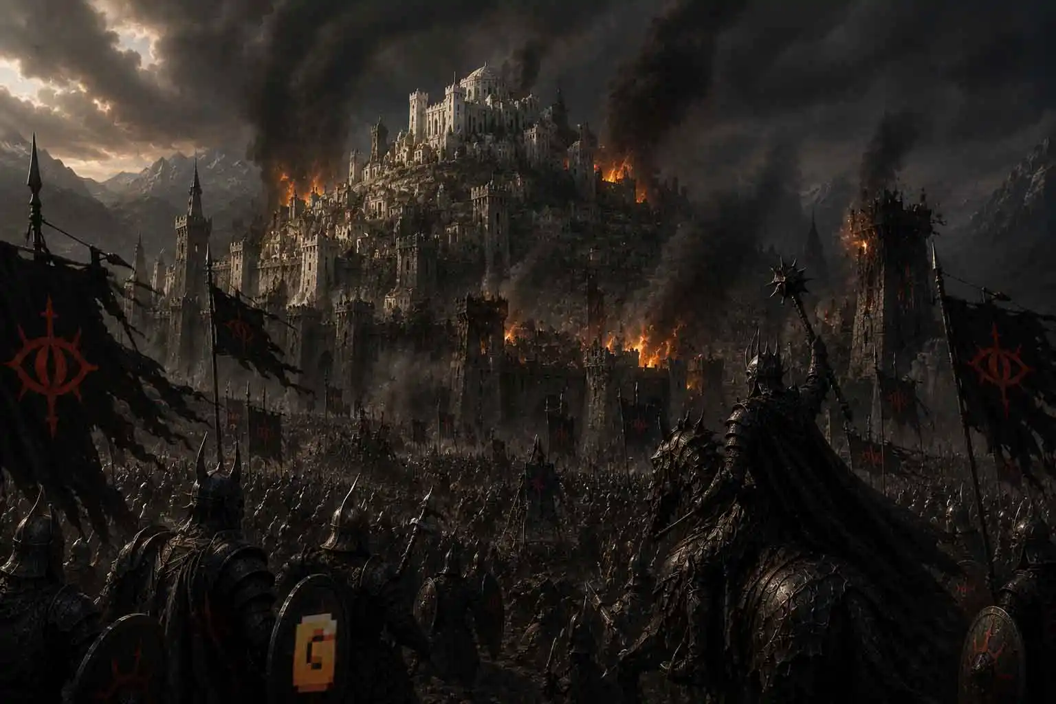 Sauron's army attacking Minas Ithil with Eye of Sauron war banners — the event that caused the War of the Last Alliance