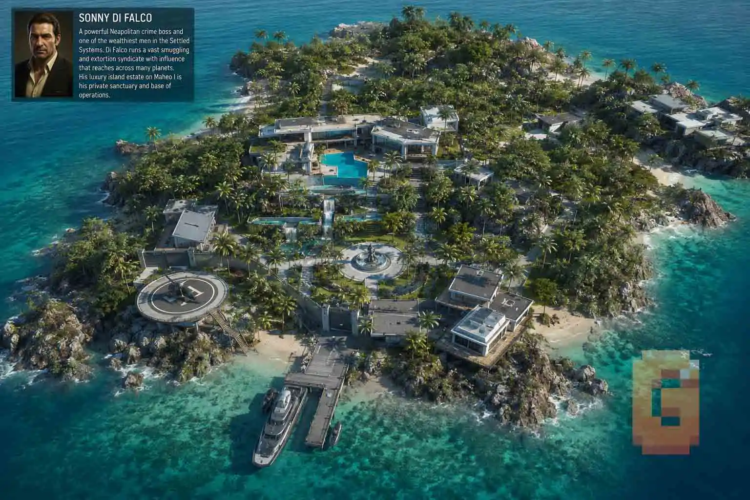 Sonny Di Falco's luxurious island estate on Maheo I viewed from above.