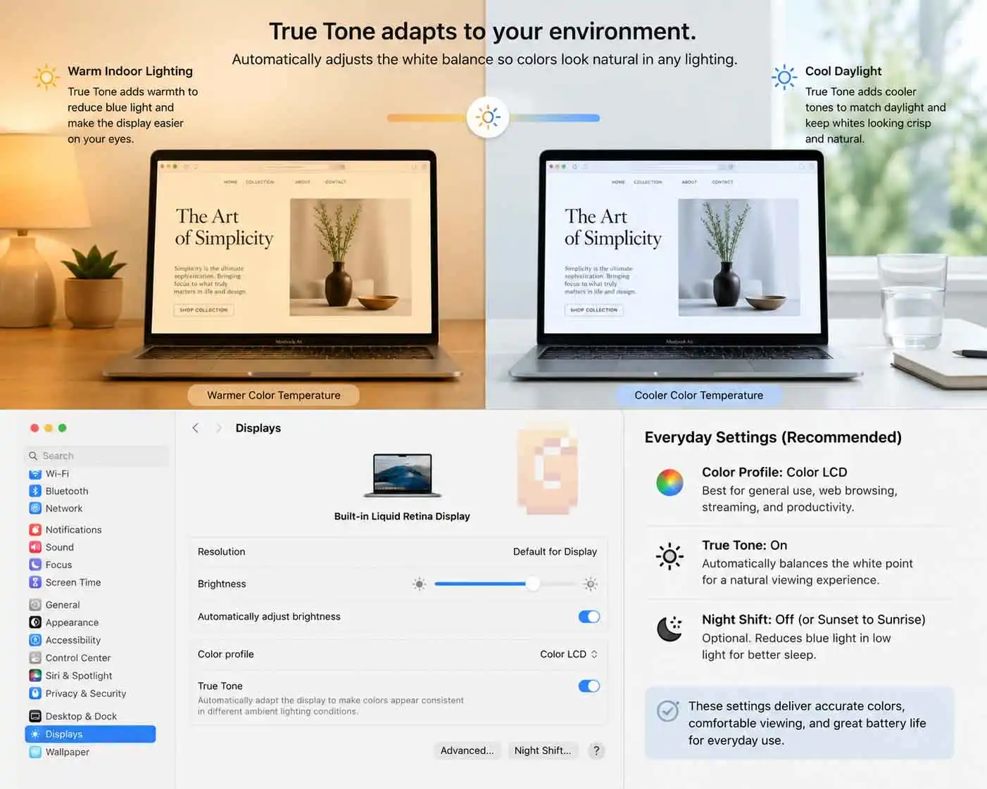 True Tone white balance adjustment demonstrating everyday MacBook display color settings