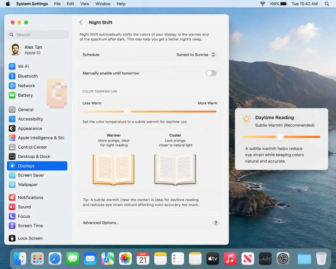Configuring Night Shift color temperature settings for comfortable daily MacBook reading