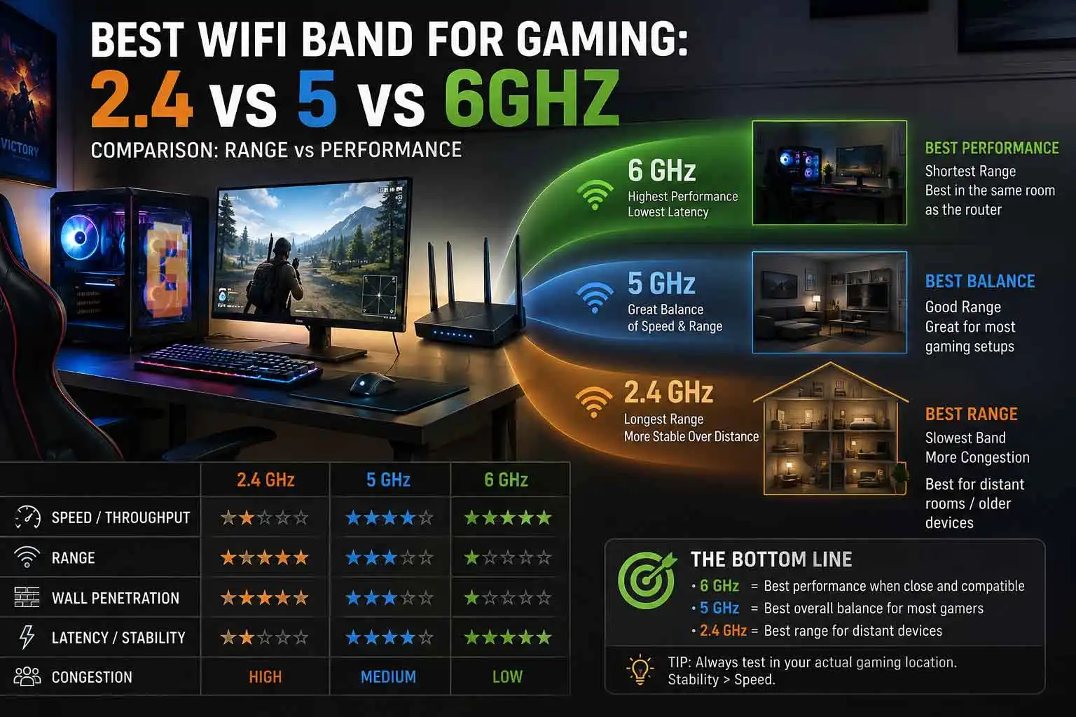 2.4 GHz vs 5 GHz vs 6 GHz Wi-Fi for gaming range latency and wall penetration comparison