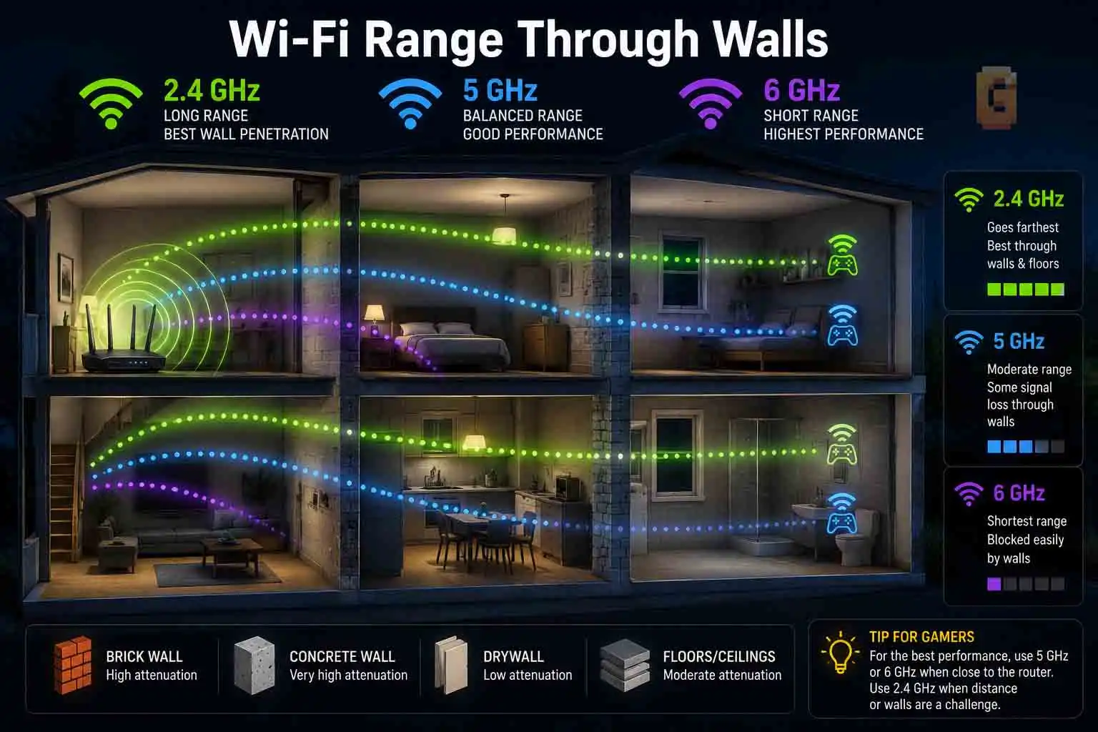 6 GHz Wi-Fi range through walls compared with 2.4 GHz and 5 GHz for gaming