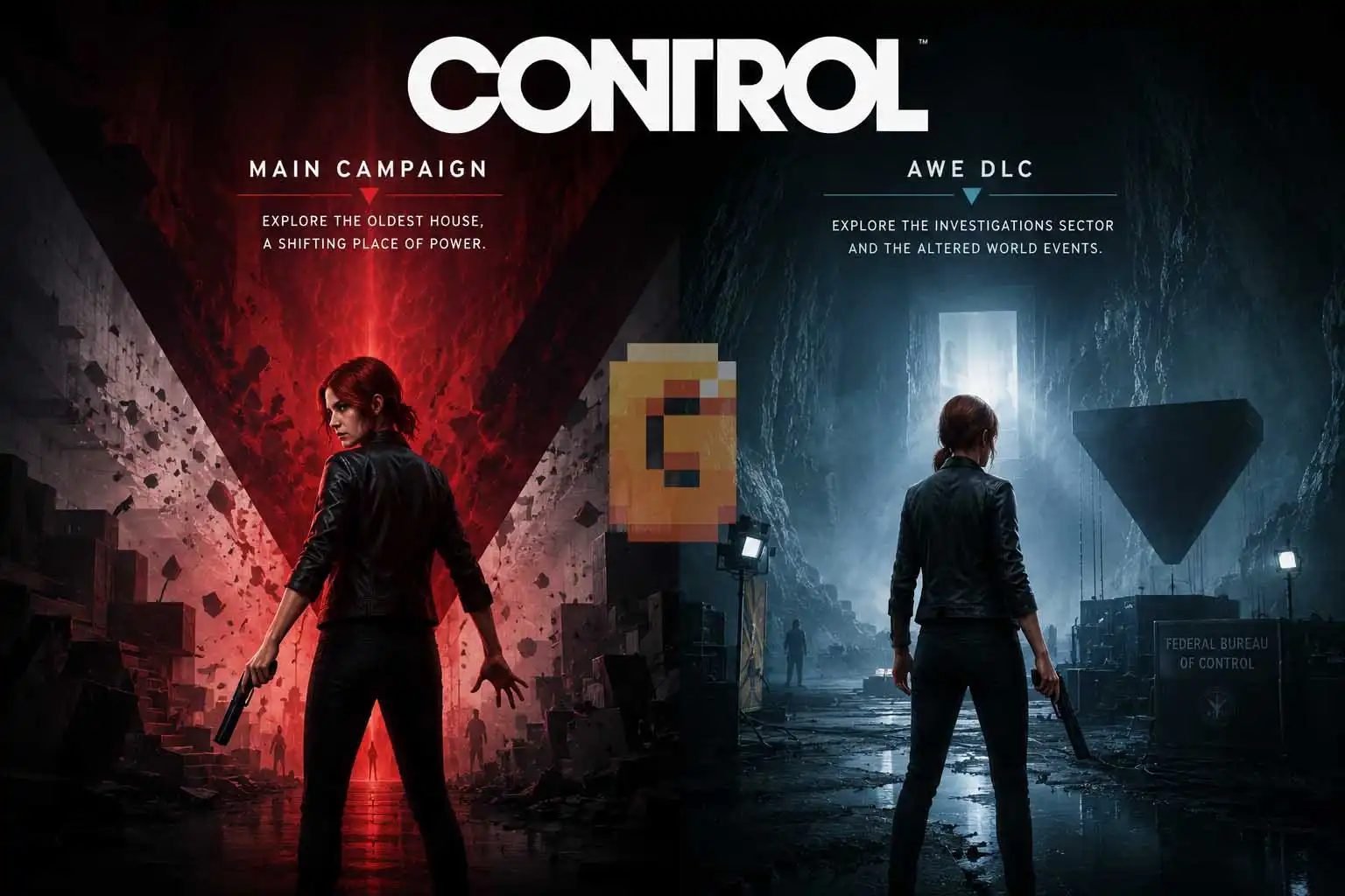 Control game split image comparing Jesse Faden in the Main Campaign Oldest House versus the AWE DLC Investigations Sector