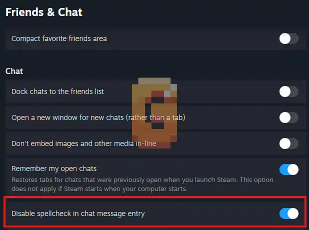 Steam Friends and Chat settings with the Disable Spellcheck in Chat Message Entry toggle highlighted and switched on