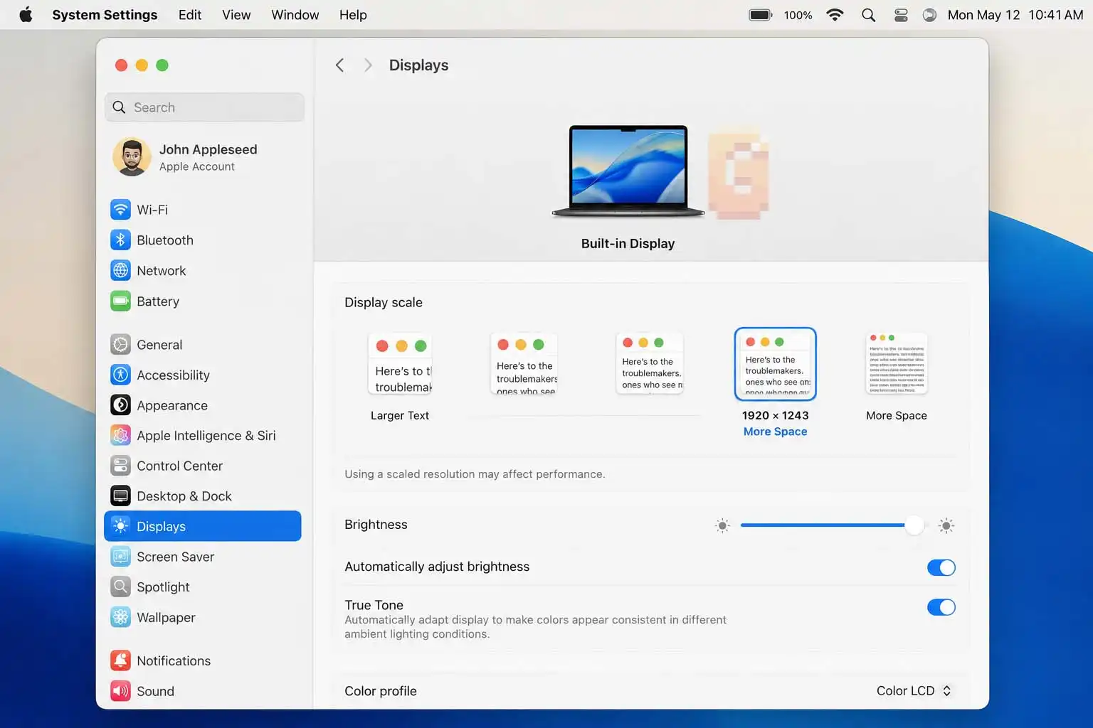 macos display scaling explained options on MacBook Air M4 showing 1920x1243 More Space