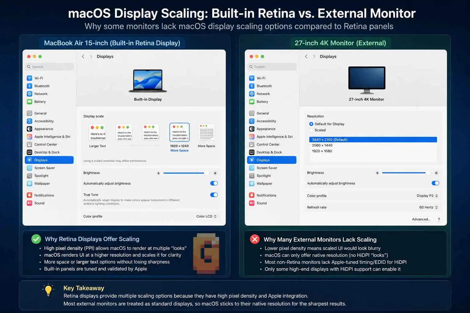 why some monitors lack macOS display scaling options compared to Retina panels