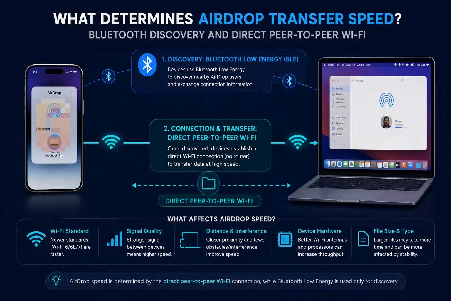 What determines AirDrop transfer speed: Bluetooth discovery and direct peer-to-peer Wi-Fi