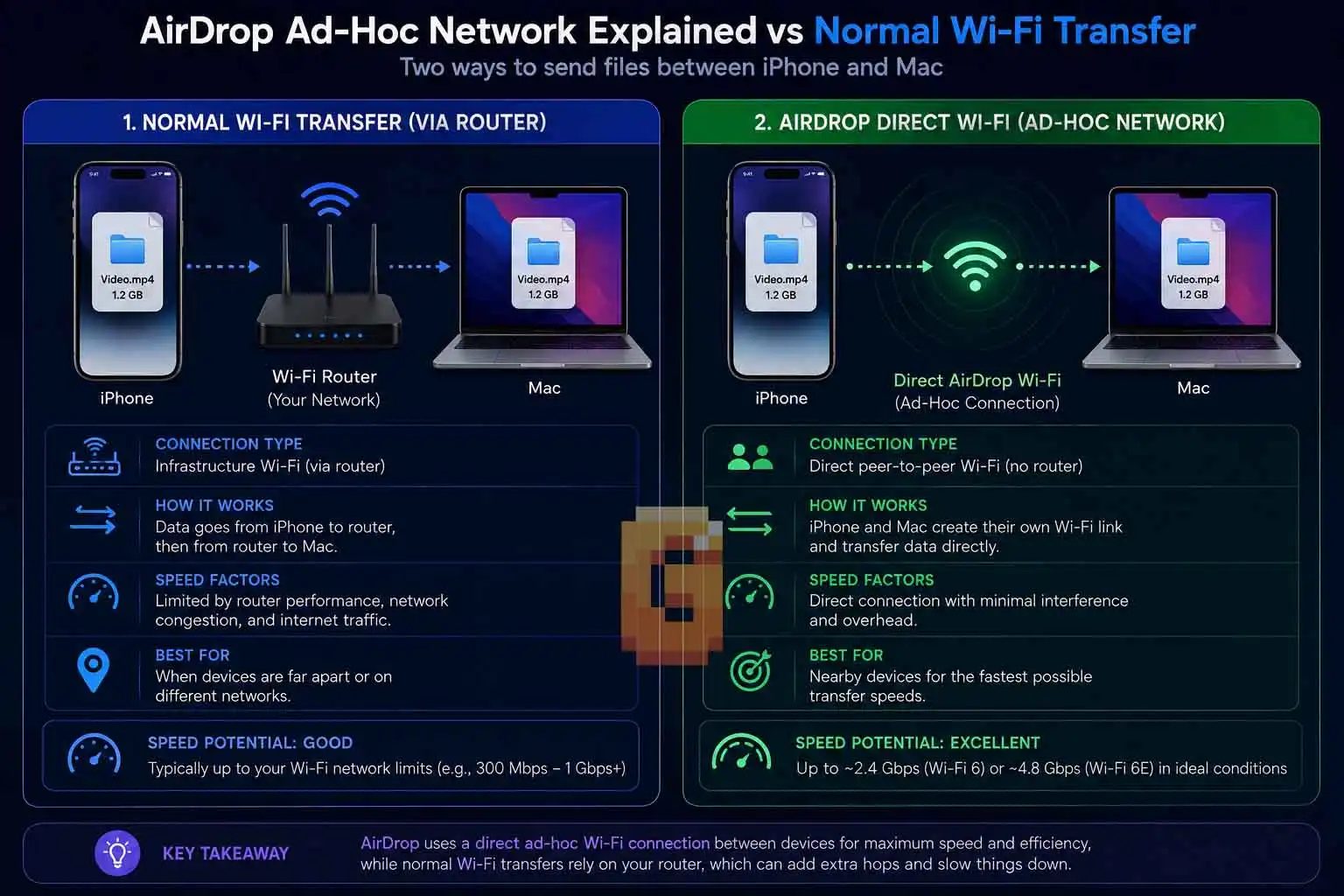 AirDrop ad-hoc network explained versus normal Wi-Fi transfer