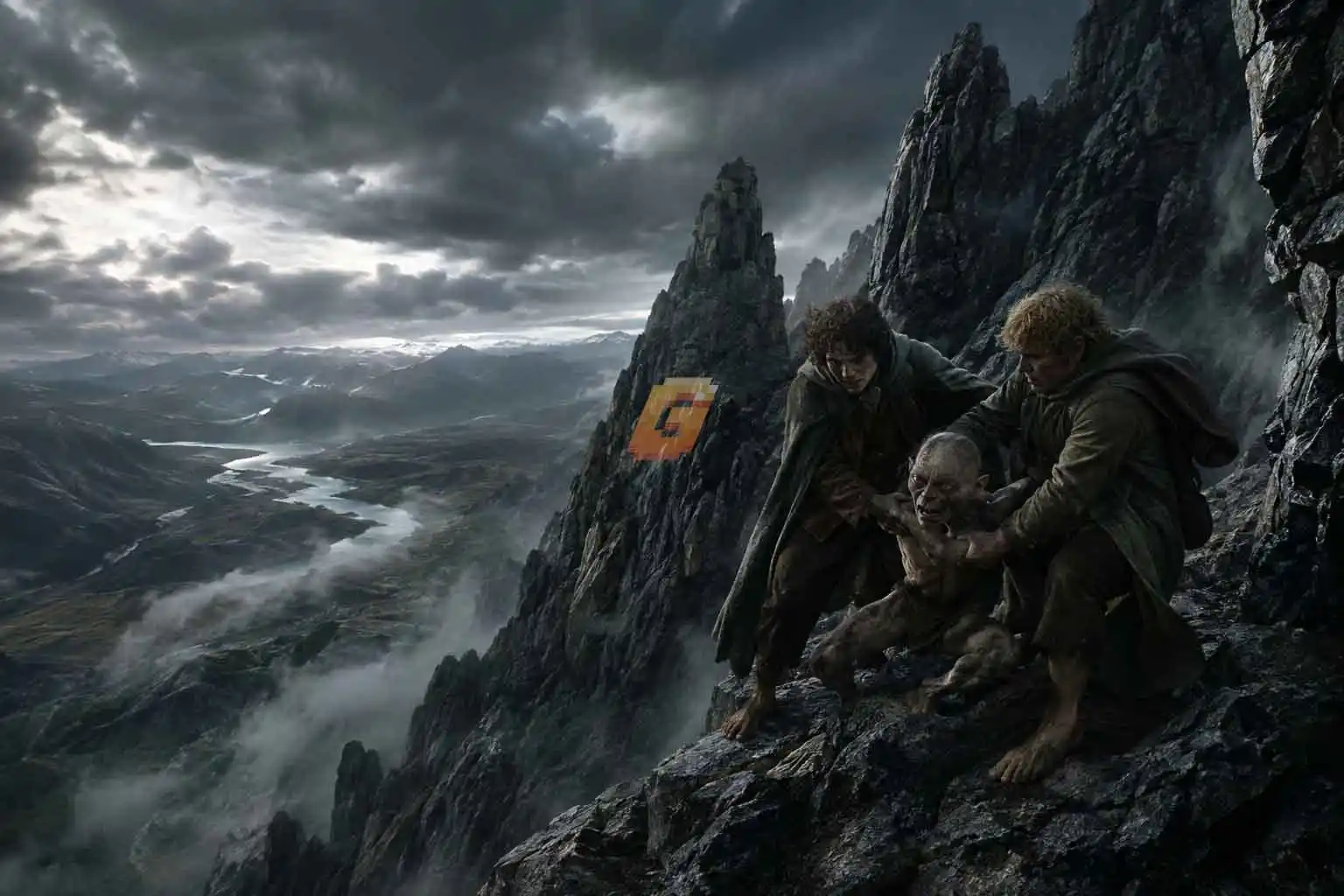 Frodo and Sam capturing Gollum on the rocky cliffs of Emyn Muil