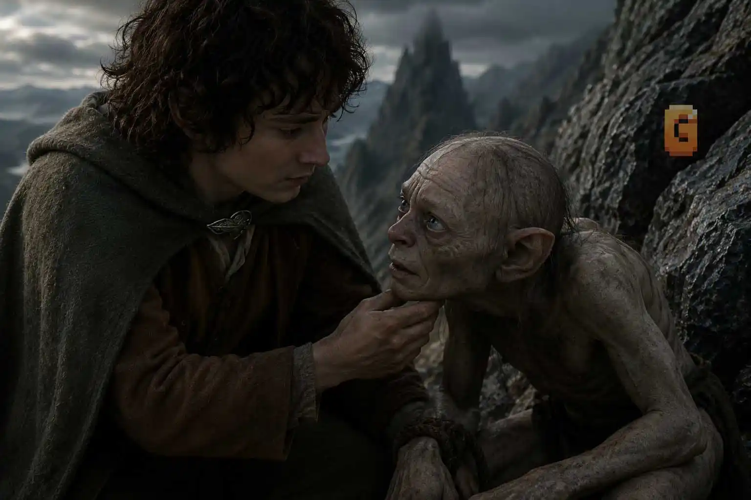 Frodo showing pity to captured Gollum at Emyn Muil