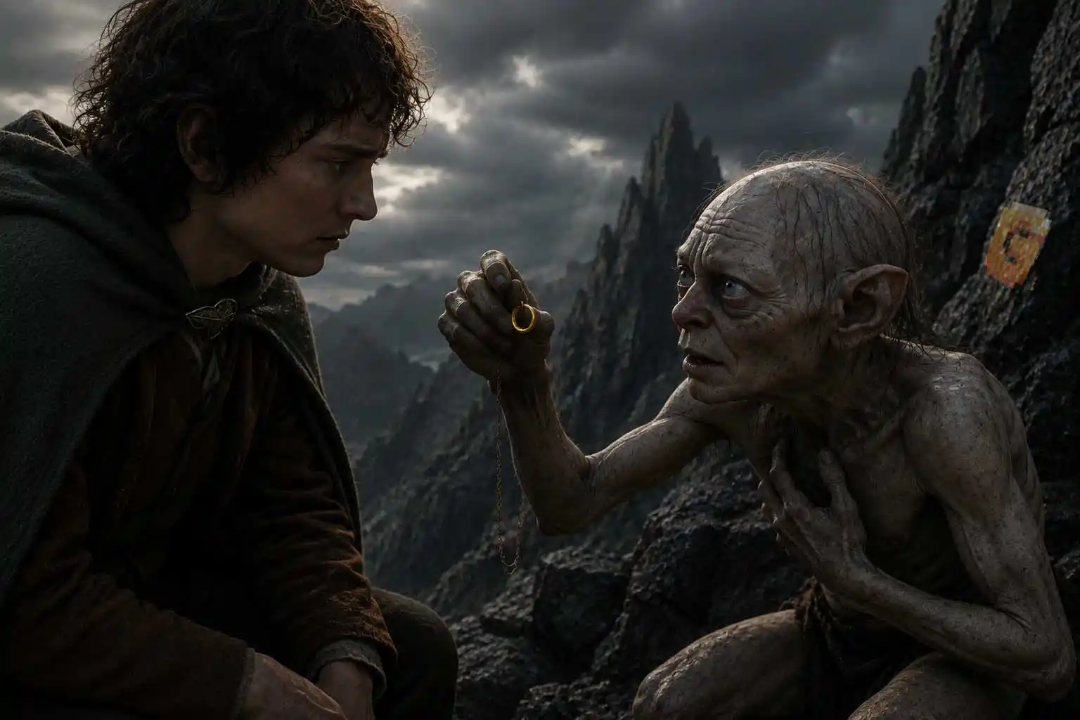 Gollum swearing his oath on the Precious to Frodo