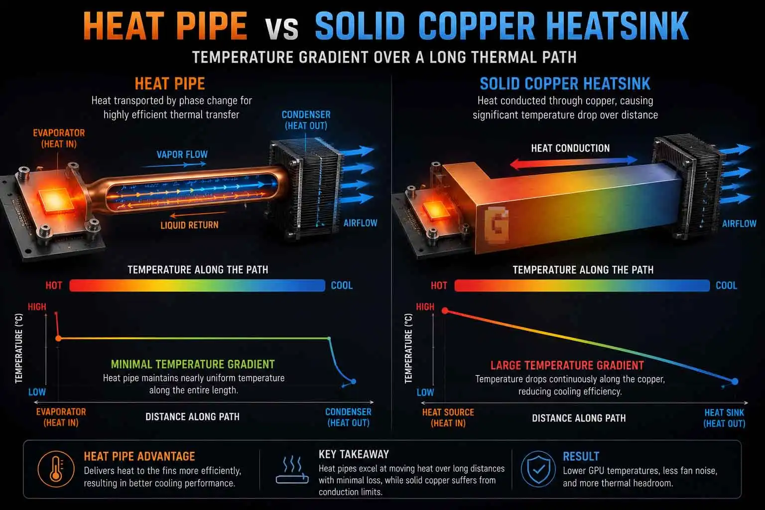 Heat pipe vs solid copper heatsink showing temperature gradient over a long thermal path.